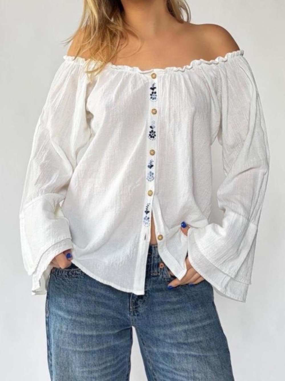 Embroidered Blouse White & Blue Cotton